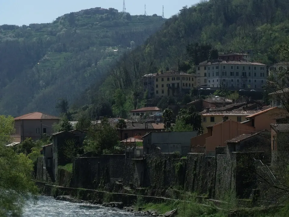 View to the City Center of Bagni di Lucca, Province of Lucca, Tuscany, Italy. Below the Lima River.