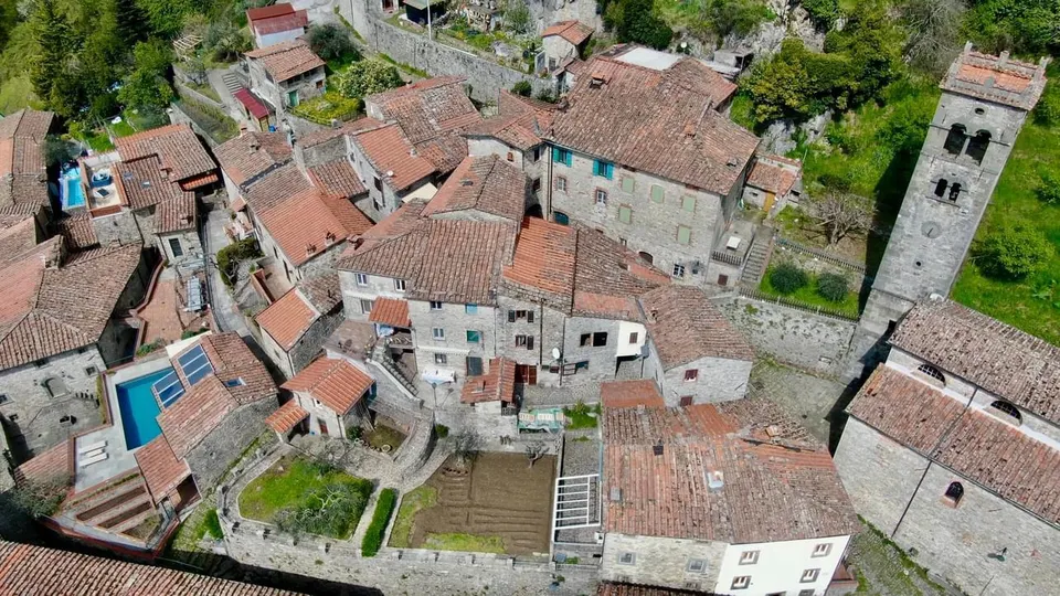 view from the drone of Colognora di Pescaglia's towerbell