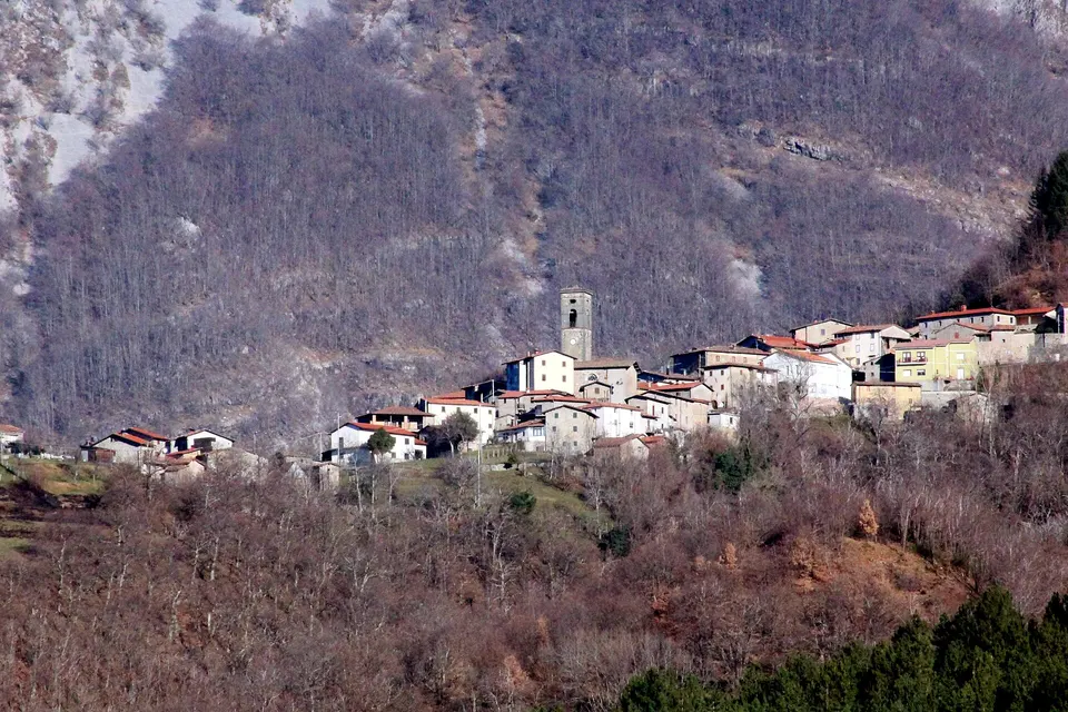 Panorama of Chiozza, hamlet of Castiglione di Garfagnana, Province of Lucca, Tuscany, Italy